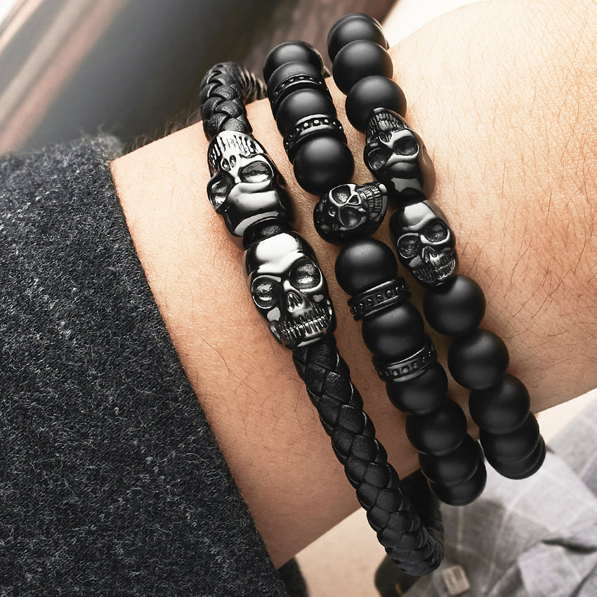 ❗️ EXCLUSIVO ❗ | Skull™ Pulsera de cuero con calavera negra SkeletonHD